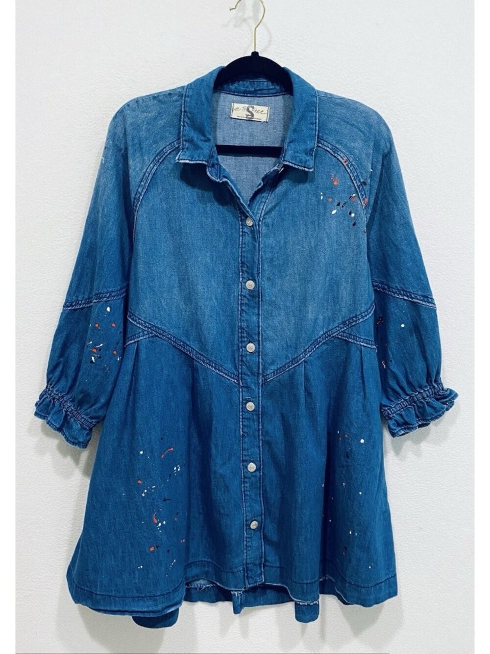 Free People Dress Womens Small Blue Denim Button Front Western Boho Oversized